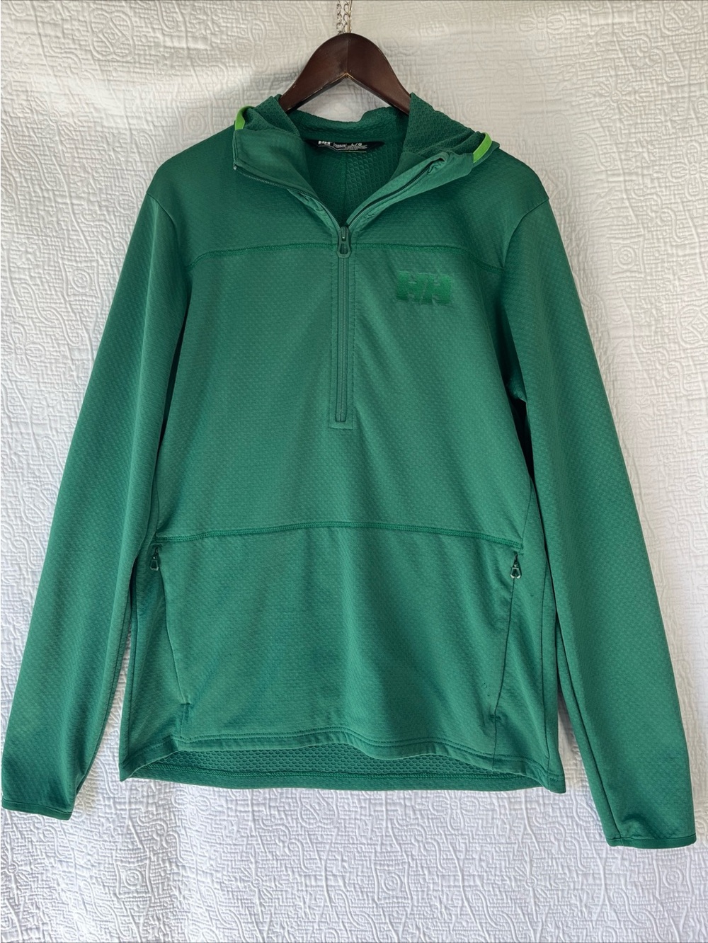 Helly Hansen Powerdreamer Mid Layer Half Zip Hoodie Mens Large Green Waffle Knit